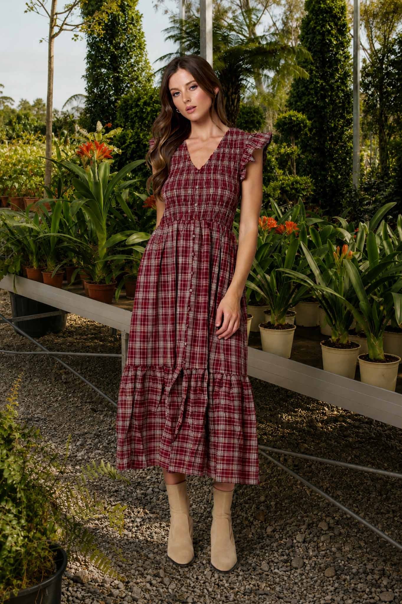 Plaid Ruffle Midi Dress