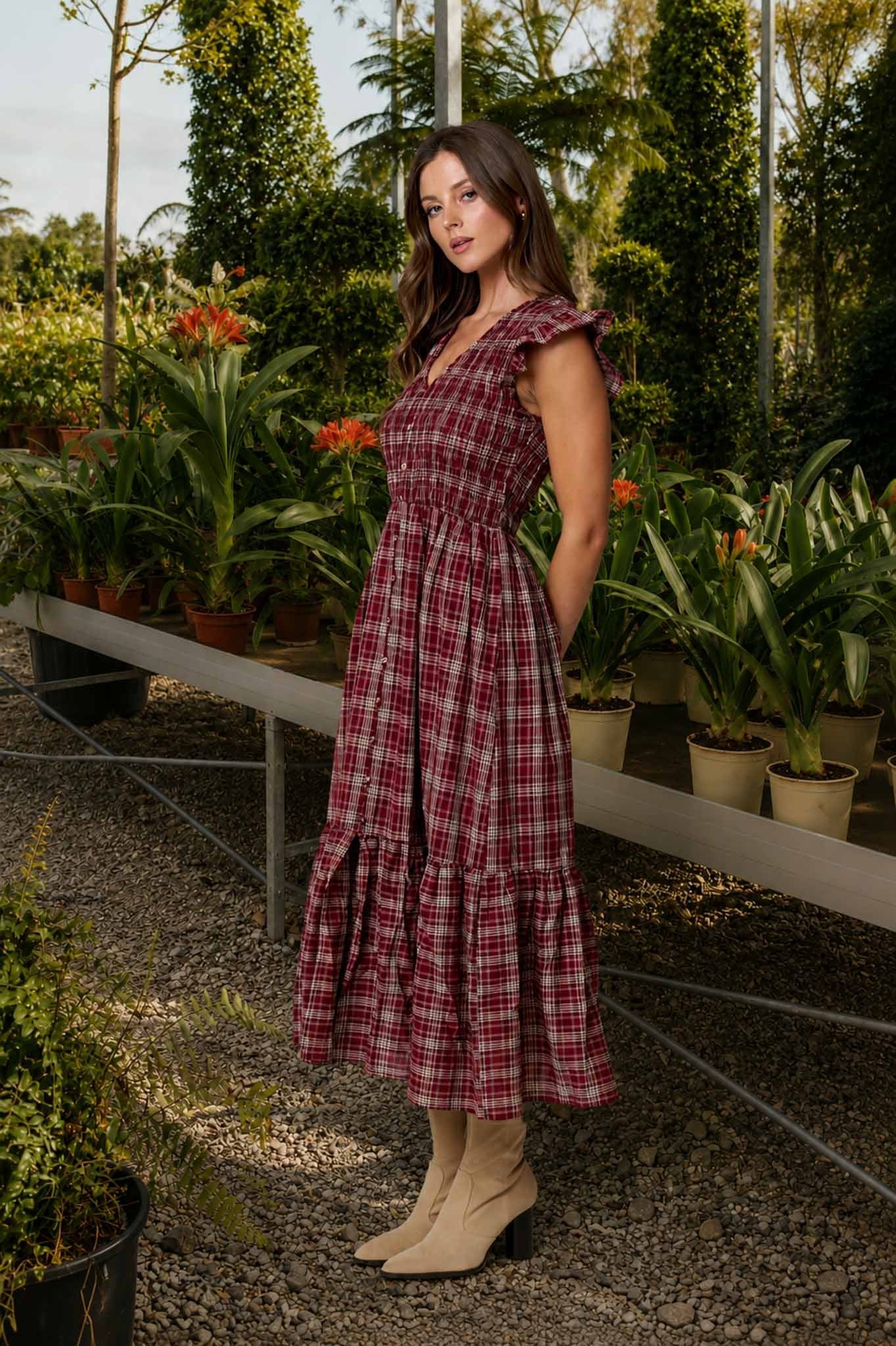 Plaid Ruffle Midi Dress