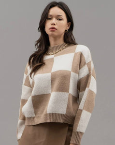 Checkered Mock Neck Sweater