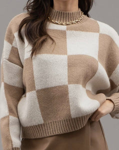 Checkered Mock Neck Sweater